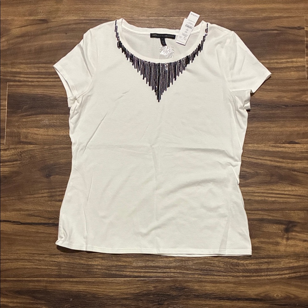 White House Black Market White Short-Sleeve Tee with Black Beaded V Detail